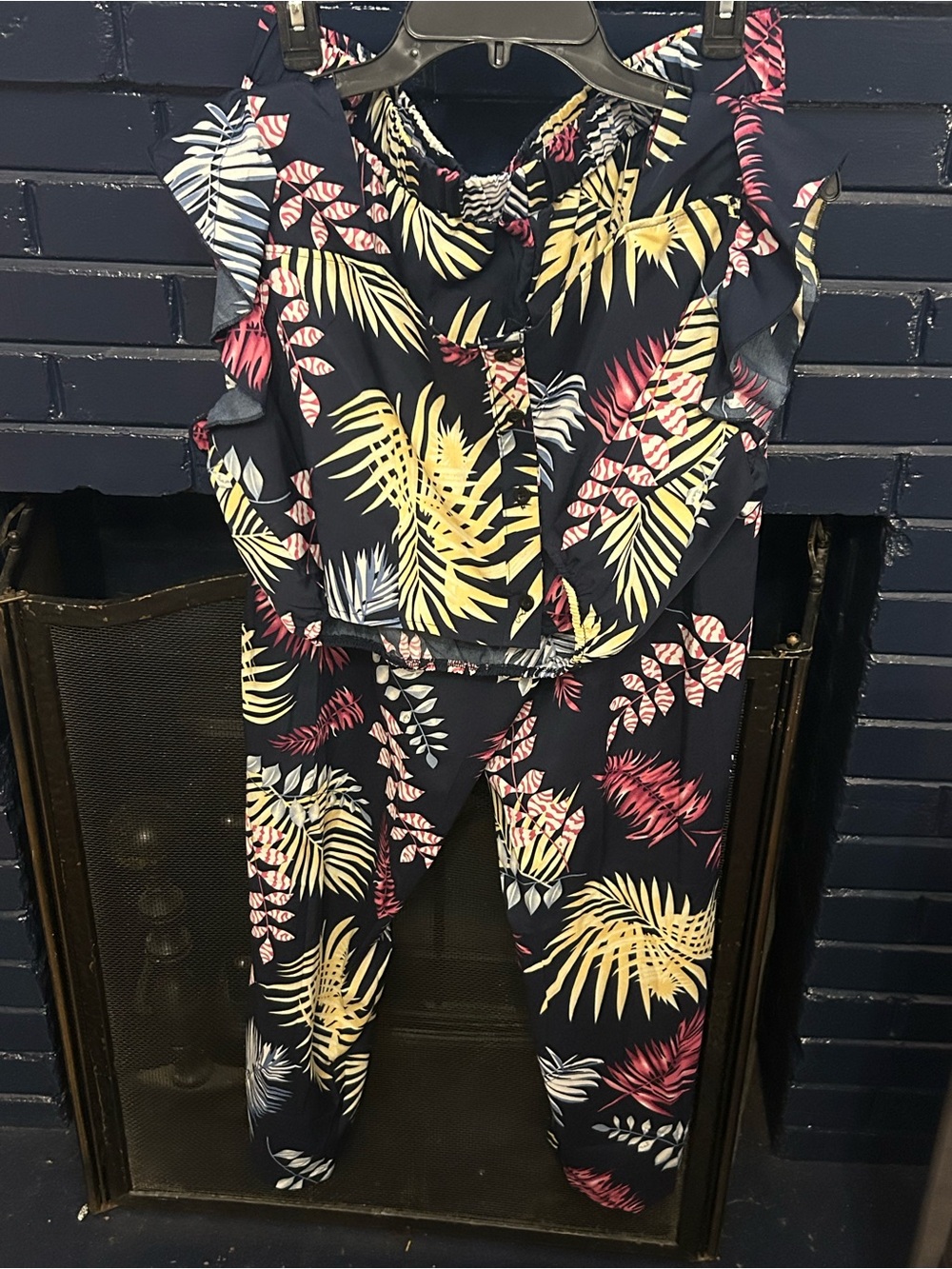 SHEIN Navy Tropical Leaf Print two piece set  with Yellow & Pink Accents